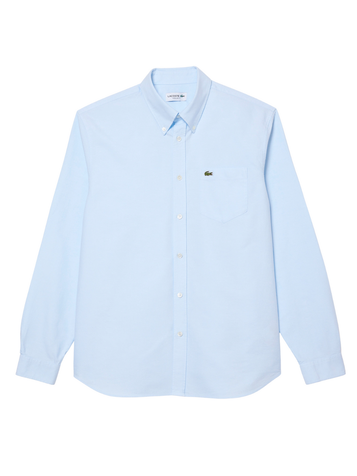 LACOSTE Regular Fit Oxford Shirt in light blue - front view showing classic button-down collar and regular fit silhouette