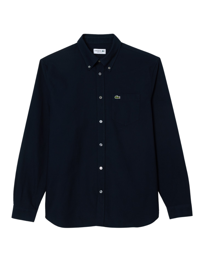 LACOSTE Regular Fit Oxford Shirt in navy blue - front view showing classic button-down collar and regular fit silhouette