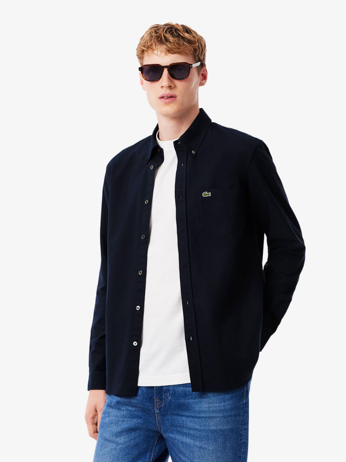 LACOSTE Regular Fit Oxford Shirt in navy blue - back view displaying the shirt's tailored regular fit and premium Oxford cotton fabric