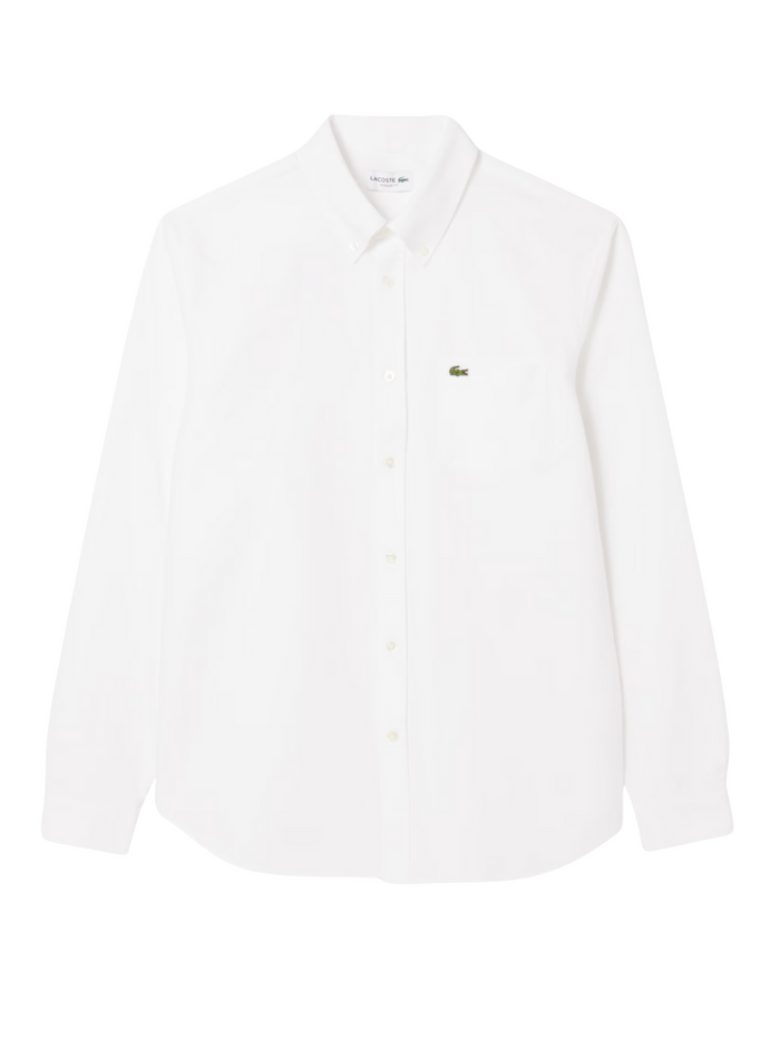 LACOSTE Regular Fit Oxford Shirt in white - front view showing classic button-down collar and regular fit silhouette