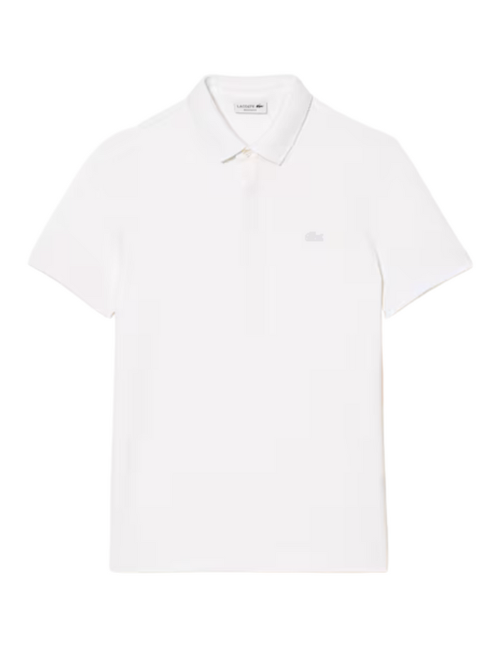 LACOSTE Regular Fit Paris Stretch Piqué Polo Shirt in White - front view showing classic collar and iconic green crocodile logo