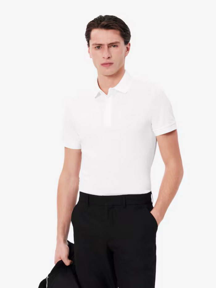 LACOSTE Regular Fit Paris Stretch Piqué Polo Shirt White - back view displaying clean design and premium stretch piqué fabric