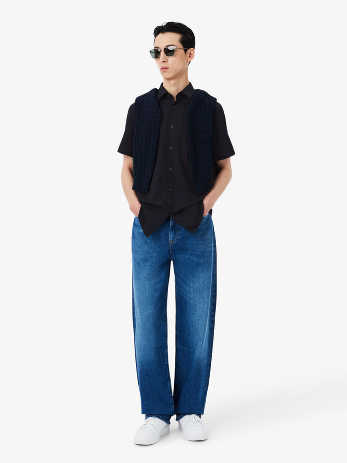 LACOSTE Regular Fit Short Sleeved Cotton Shirt Navy Blue - MAISONDEFASHION.COM