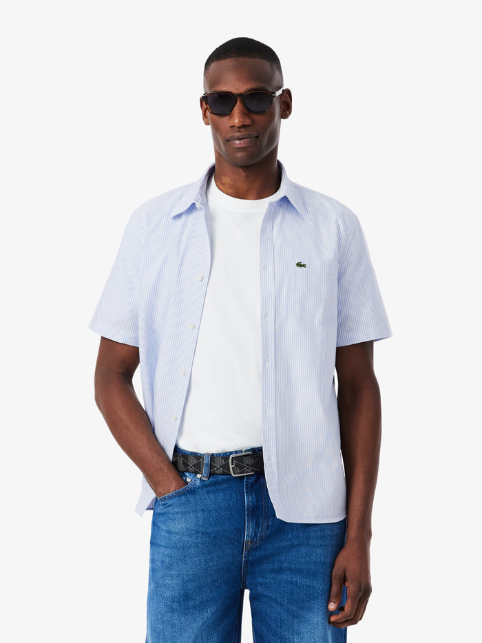 LACOSTE Regular Fit Short Sleeved Oxford Shirt Blue - MAISONDEFASHION.COM