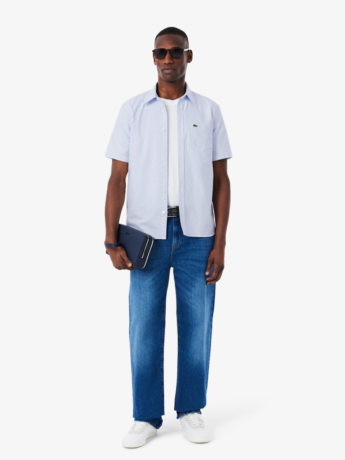 LACOSTE Regular Fit Short Sleeved Oxford Shirt Blue - MAISONDEFASHION.COM