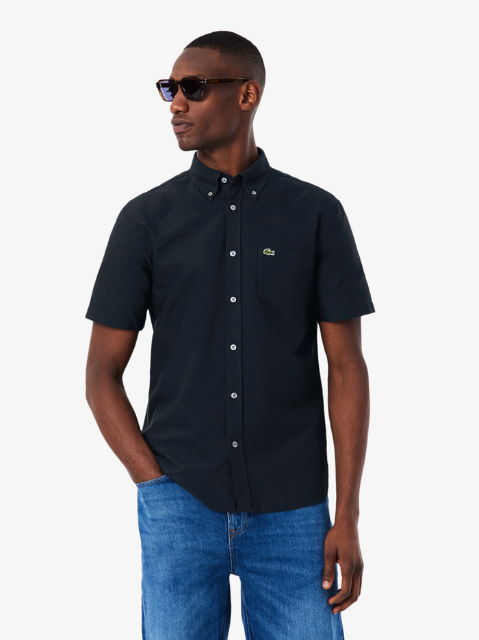 LACOSTE Regular Fit Short Sleeved Oxford Shirt Navy Blue - MAISONDEFASHION.COM