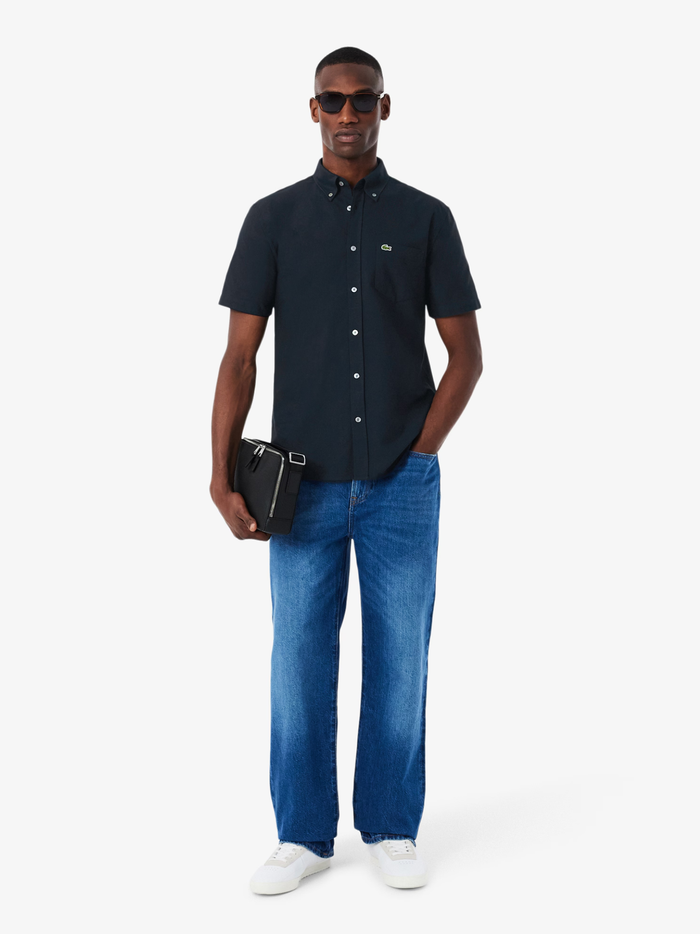 LACOSTE Regular Fit Short Sleeved Oxford Shirt Navy Blue - MAISONDEFASHION.COM