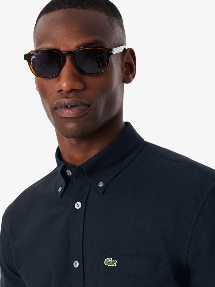 LACOSTE Regular Fit Short Sleeved Oxford Shirt Navy Blue - MAISONDEFASHION.COM