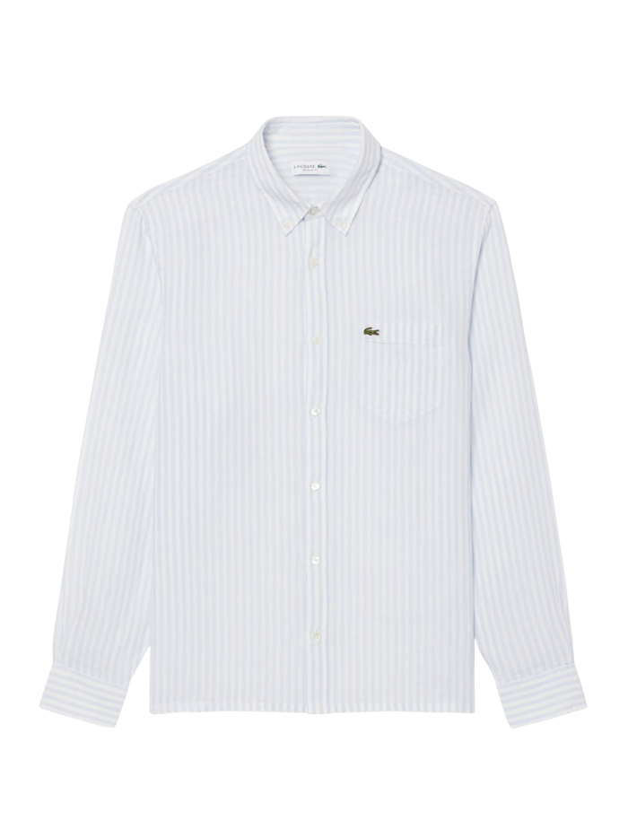 LACOSTE Regular Fit Striped Linen Shirt Blue/White - MAISONDEFASHION.COM