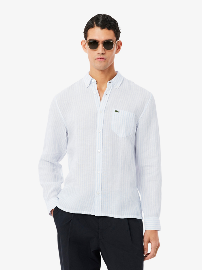 LACOSTE Regular Fit Striped Linen Shirt Blue/White - MAISONDEFASHION.COM