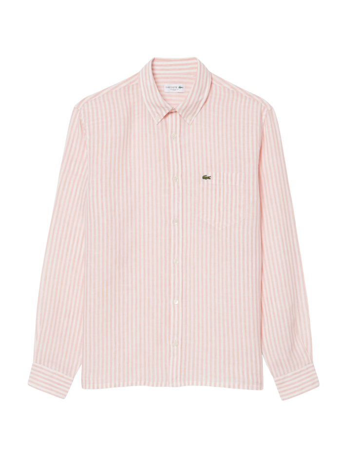 LACOSTE Regular Fit Striped Linen Shirt Pink/White - MAISONDEFASHION.COM