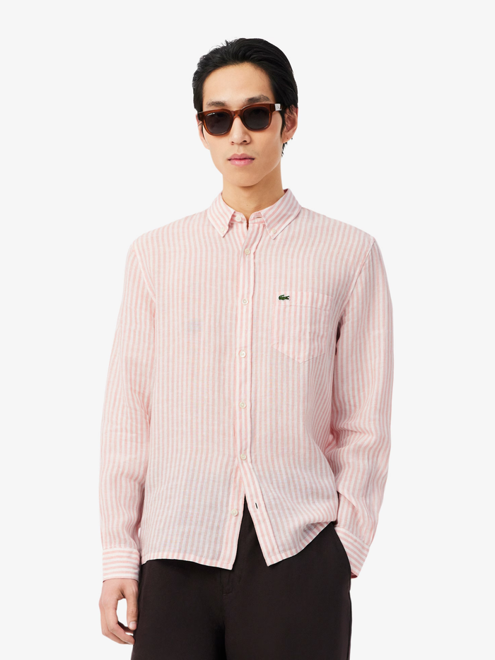 LACOSTE Regular Fit Striped Linen Shirt Pink/White - MAISONDEFASHION.COM