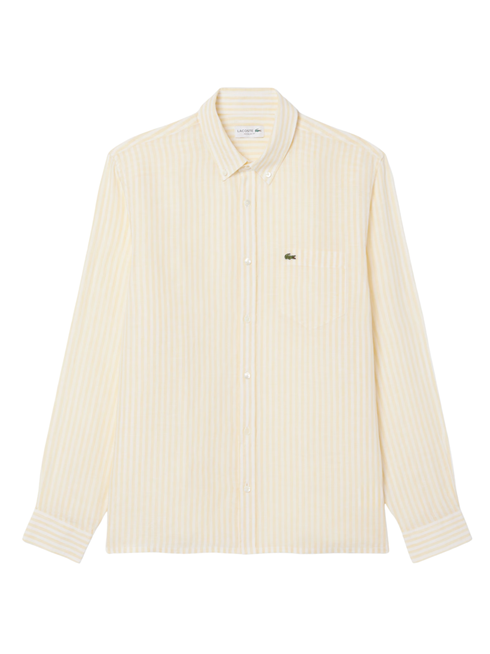 LACOSTE Regular Fit Striped Linen Shirt Yellow/White - MAISONDEFASHION.COM