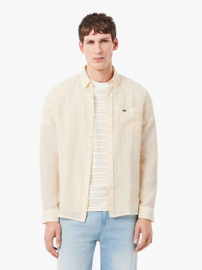 LACOSTE Regular Fit Striped Linen Shirt Yellow/White - MAISONDEFASHION.COM