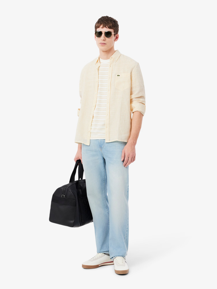 LACOSTE Regular Fit Striped Linen Shirt Yellow/White - MAISONDEFASHION.COM