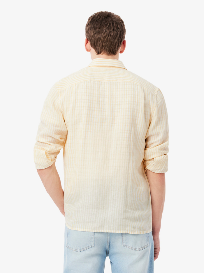 LACOSTE Regular Fit Striped Linen Shirt Yellow/White - MAISONDEFASHION.COM