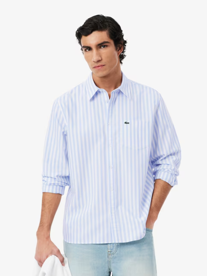 LACOSTE Regular Fit Striped Oxford Shirt Blue - MAISONDEFASHION.COM