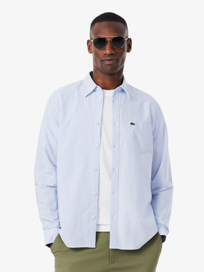 LACOSTE Regular Fit Striped Oxford Shirt Blue/White - MAISONDEFASHION.COM