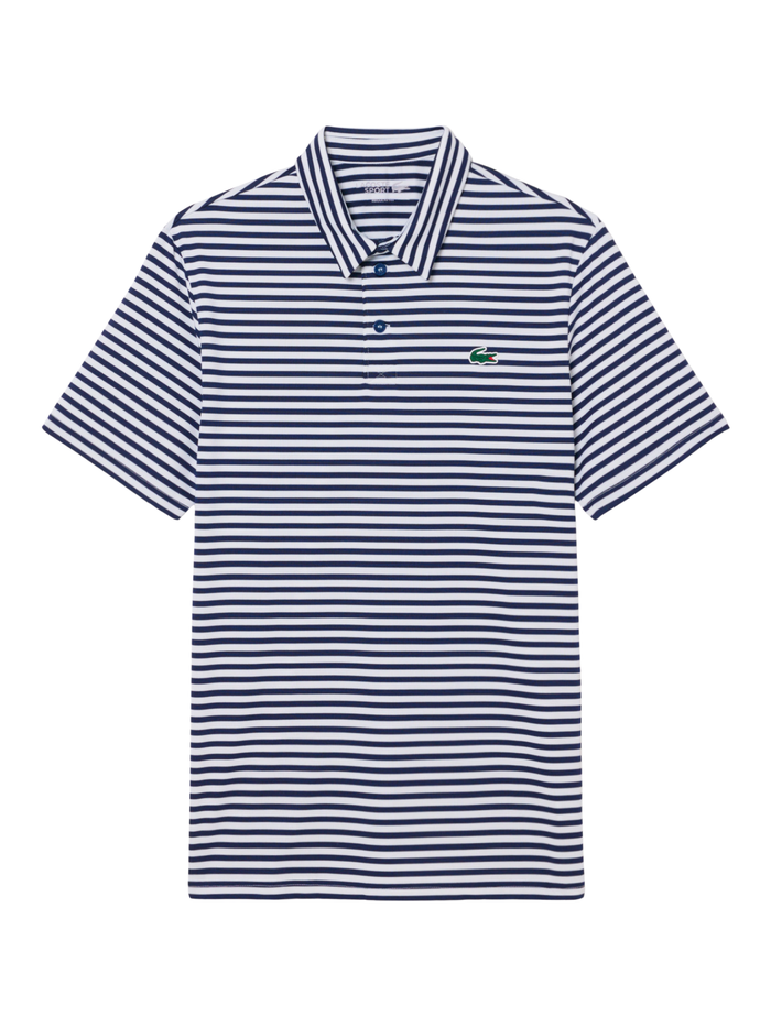 LACOSTE Regular Fit Ultra Dry Striped Golf Polo Shirt Navy Blue/White - MAISONDEFASHION.COM