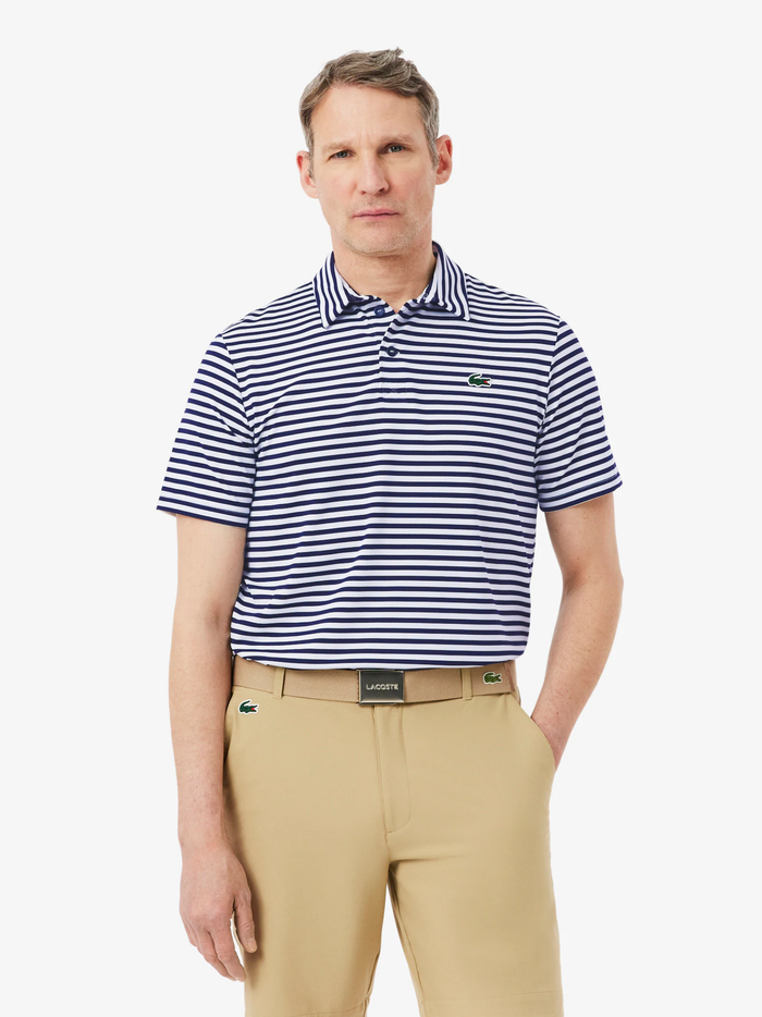 LACOSTE Regular Fit Ultra Dry Striped Golf Polo Shirt Navy Blue/White - MAISONDEFASHION.COM