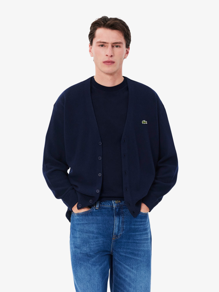 LACOSTE Relaxed Fit Carded Wool Cardigan Midnight Blue - MAISONDEFASHION.COM