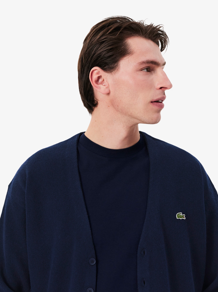 LACOSTE Relaxed Fit Carded Wool Cardigan Midnight Blue - MAISONDEFASHION.COM