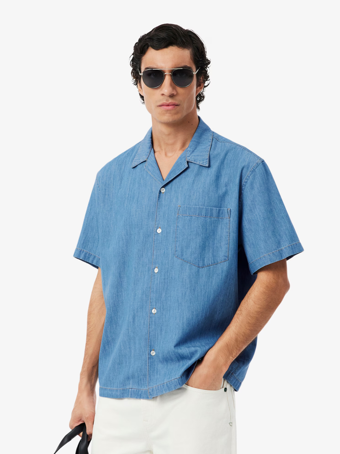 LACOSTE Relaxed Fit Open Neck Denim Shirt Blue - MAISONDEFASHION.COM