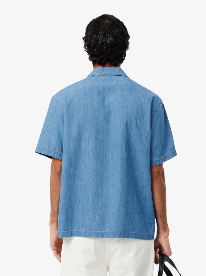 LACOSTE Relaxed Fit Open Neck Denim Shirt Blue - MAISONDEFASHION.COM