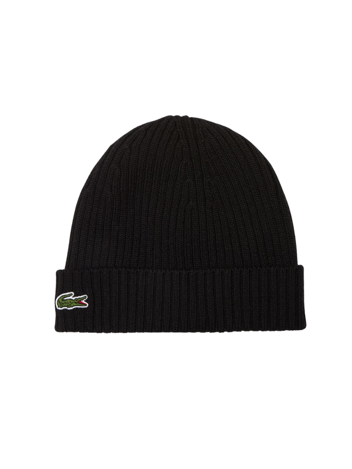 LACOSTE Rib Knit Brushed Wool Beanie Black - MAISONDEFASHION.COM