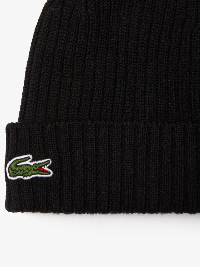 LACOSTE Rib Knit Brushed Wool Beanie Black - MAISONDEFASHION.COM