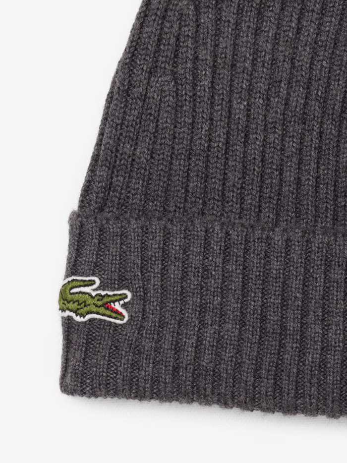 LACOSTE Rib Knit Brushed Wool Beanie Heathered Grey - MAISONDEFASHION.COM
