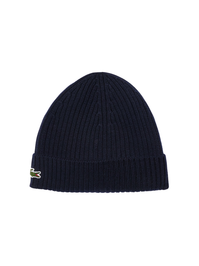 LACOSTE Rib Knit Brushed Wool Beanie Midnight Blue - MAISONDEFASHION.COM