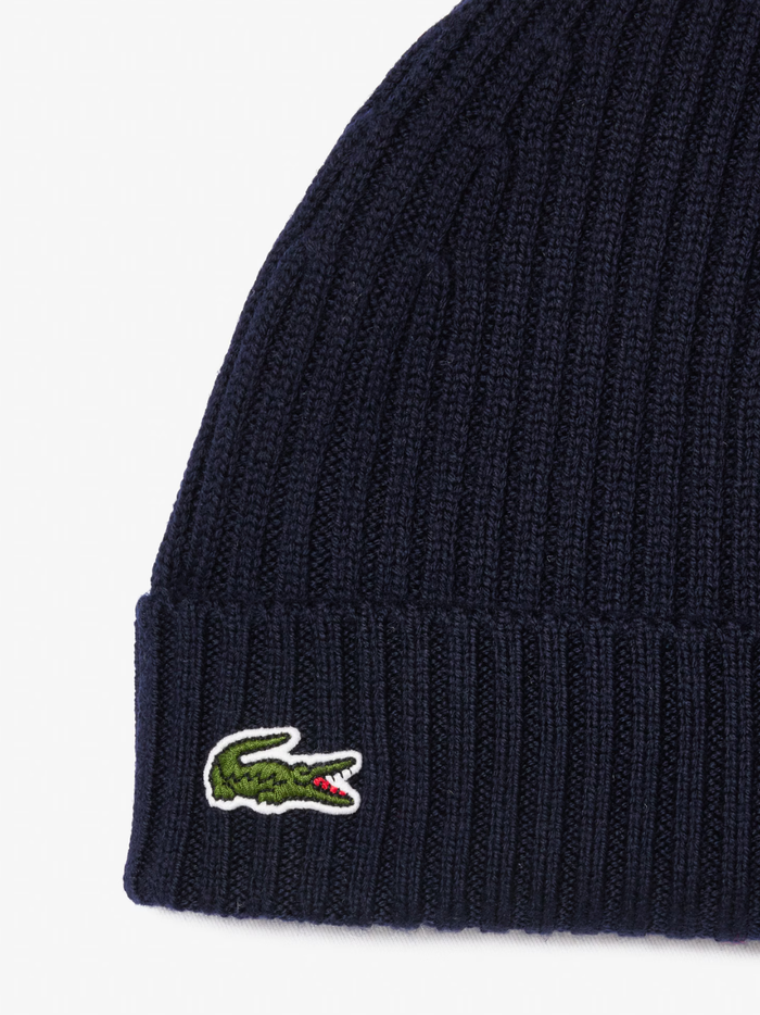 LACOSTE Rib Knit Brushed Wool Beanie Midnight Blue - MAISONDEFASHION.COM