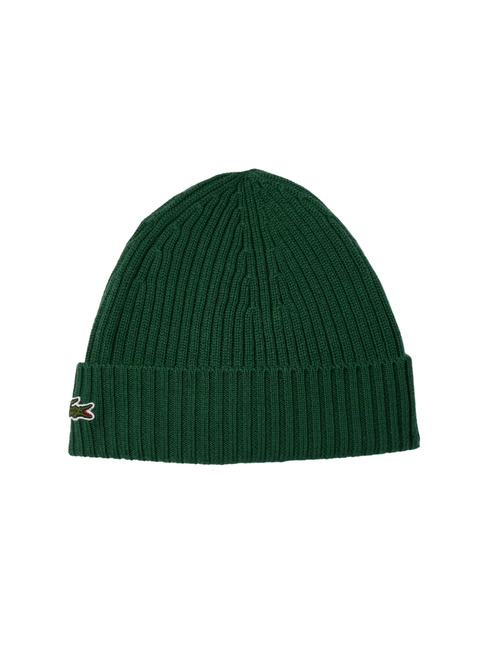 LACOSTE Rib Knit Brushed Wool Beanie Pine Green - MAISONDEFASHION.COM