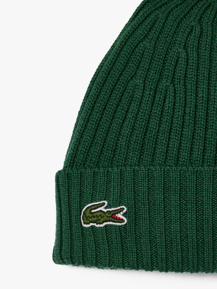 LACOSTE Rib Knit Brushed Wool Beanie Pine Green - MAISONDEFASHION.COM