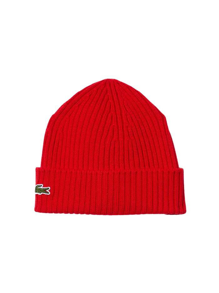 LACOSTE Rib Knit Brushed Wool Beanie Red - MAISONDEFASHION.COM