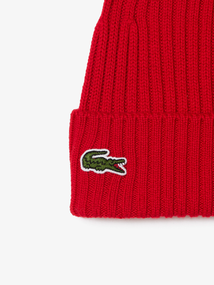 LACOSTE Rib Knit Brushed Wool Beanie Red - MAISONDEFASHION.COM