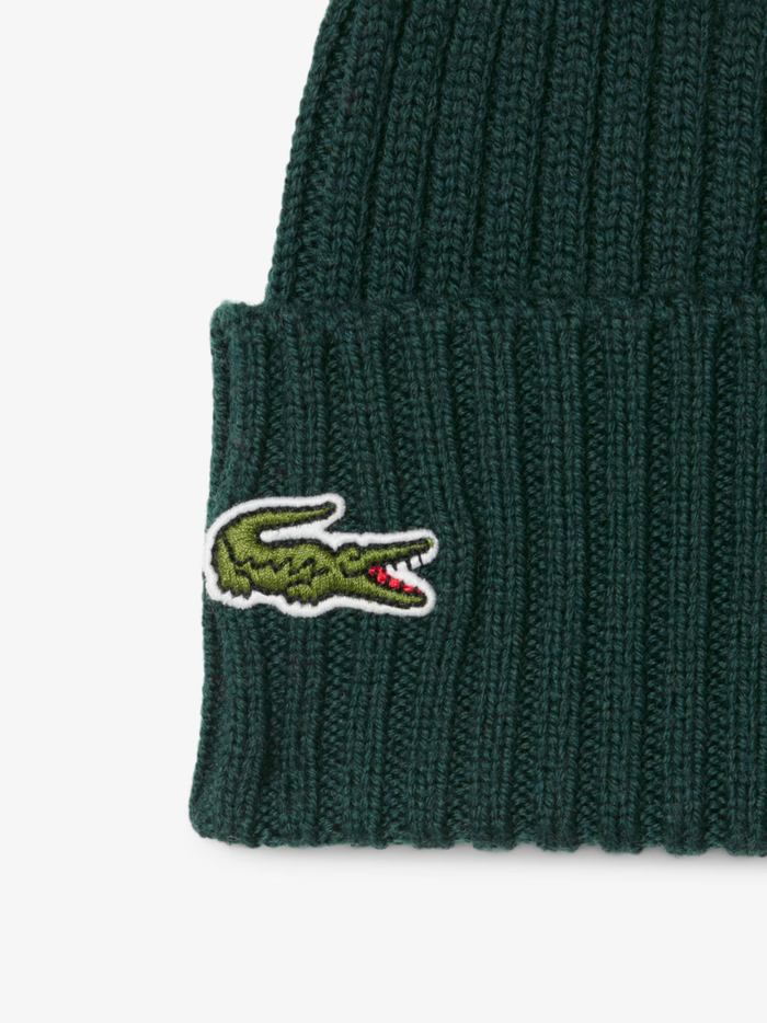 LACOSTE Rib Knit Brushed Wool Beanie Sinople Green - MAISONDEFASHION.COM