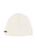 LACOSTE Rib Knit Brushed Wool Beanie White - MAISONDEFASHION.COM