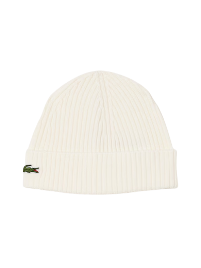 LACOSTE Rib Knit Brushed Wool Beanie White - MAISONDEFASHION.COM