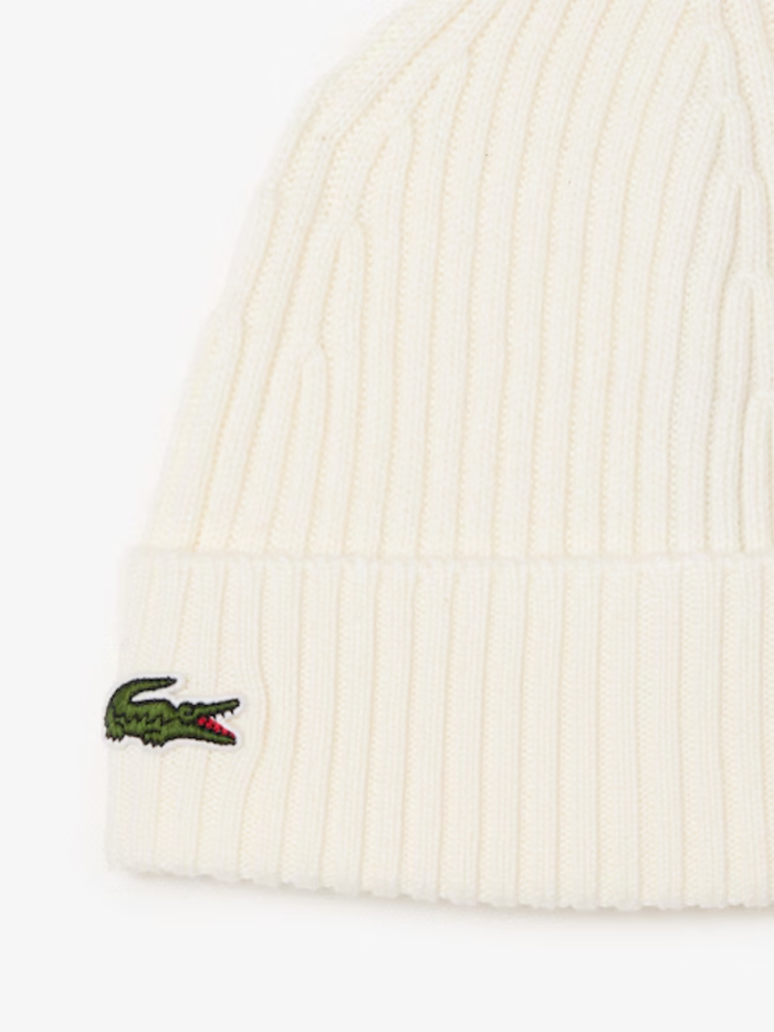 LACOSTE Rib Knit Brushed Wool Beanie White - MAISONDEFASHION.COM