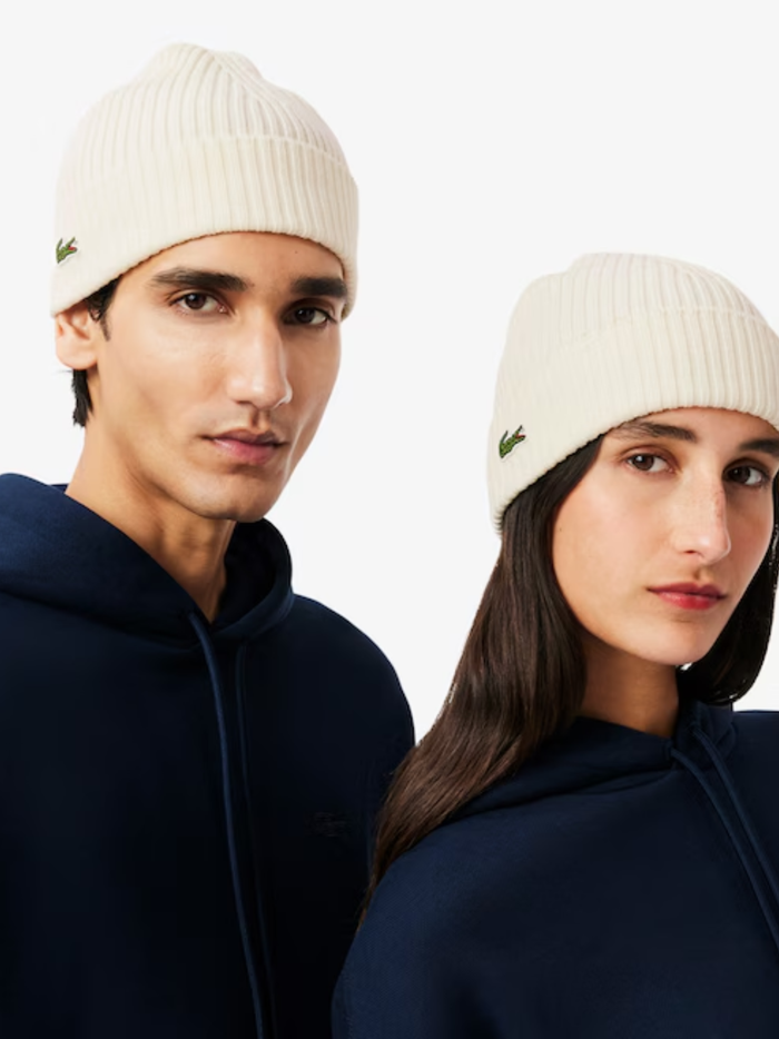 LACOSTE Rib Knit Brushed Wool Beanie White - MAISONDEFASHION.COM