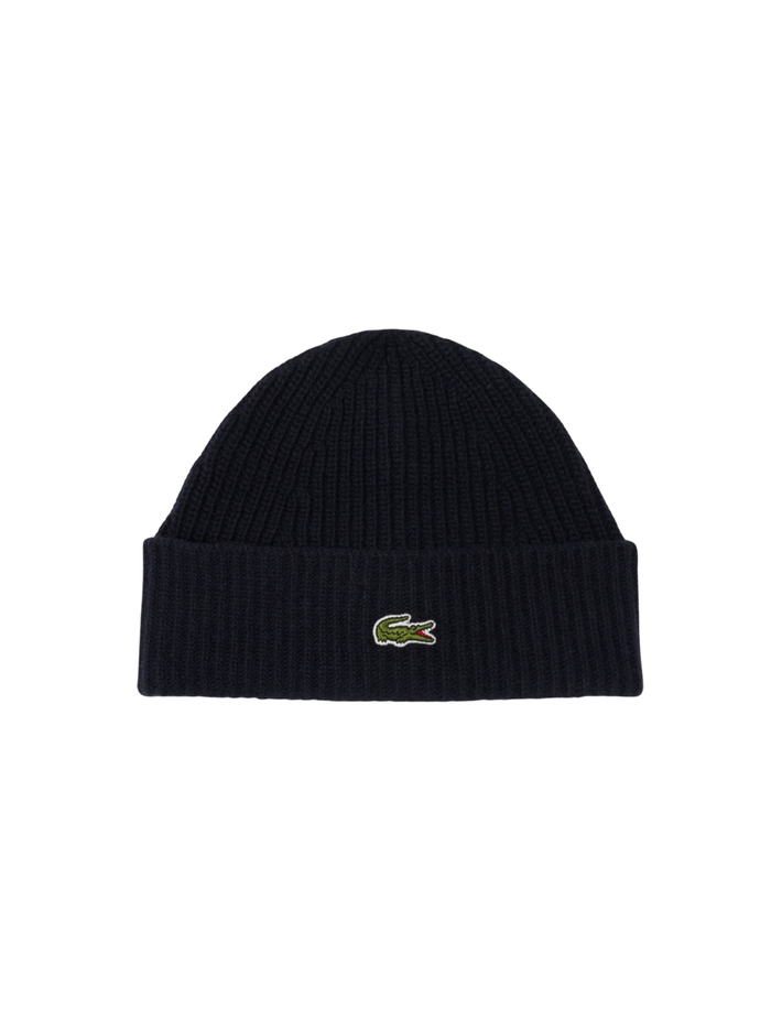LACOSTE Rib Knit Carded Wool Beanie Midnight Blue - MAISONDEFASHION.COM