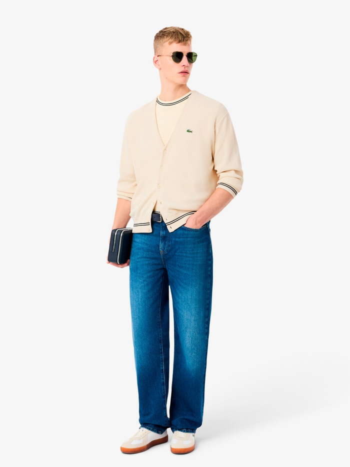 LACOSTE Rib-knit Stitch Cotton Knit Cardigan Beige - MAISONDEFASHION.COM