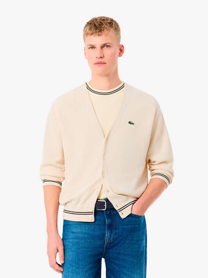 LACOSTE Rib-knit Stitch Cotton Knit Cardigan Beige - MAISONDEFASHION.COM