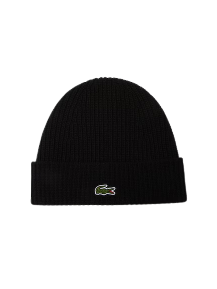 LACOSTE Rib Knit Wool Beanie Black - MAISONDEFASHION.COM