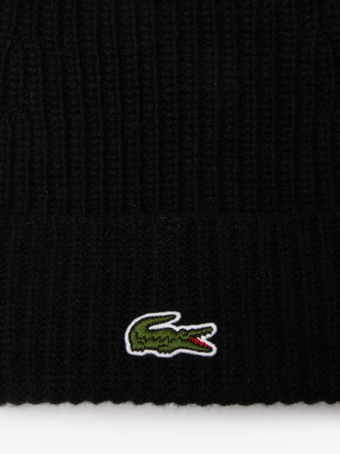 LACOSTE Rib Knit Wool Beanie Black - MAISONDEFASHION.COM