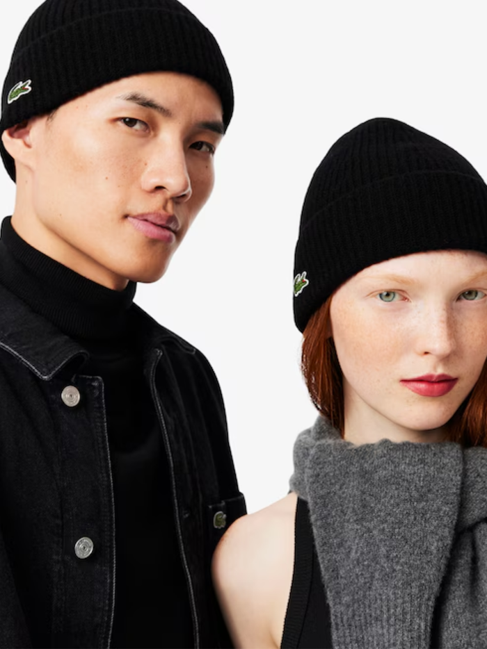 LACOSTE Rib Knit Wool Beanie Black - MAISONDEFASHION.COM