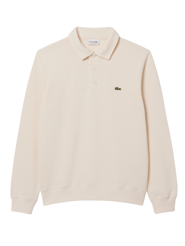 LACOSTE Ribbed Cotton Polo Collar Sweatshirt Ecru White - MAISONDEFASHION.COM