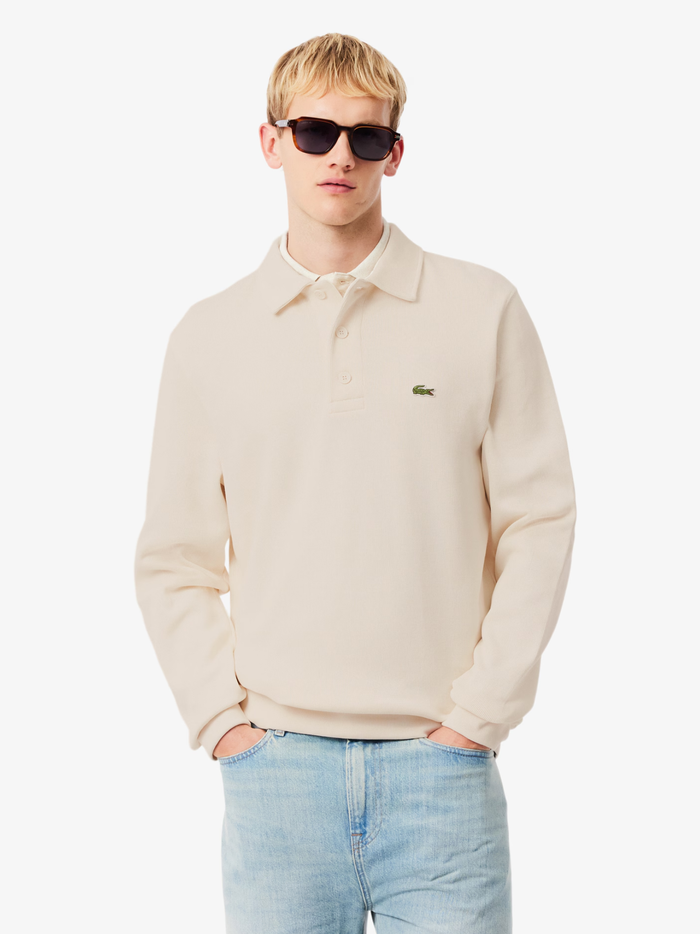 LACOSTE Ribbed Cotton Polo Collar Sweatshirt Ecru White - MAISONDEFASHION.COM